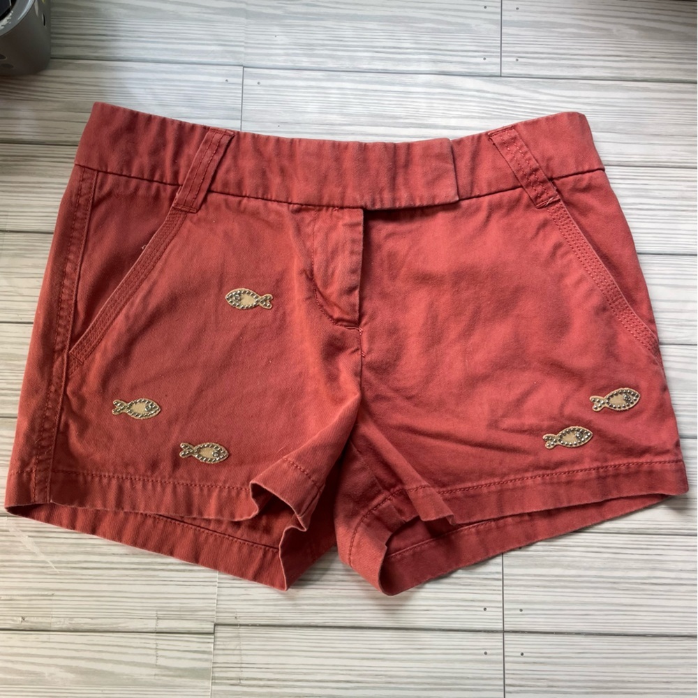 J.Crew Women's Dark Coral‎ Shorts with Fish Embroidery size 2 100% Cotton